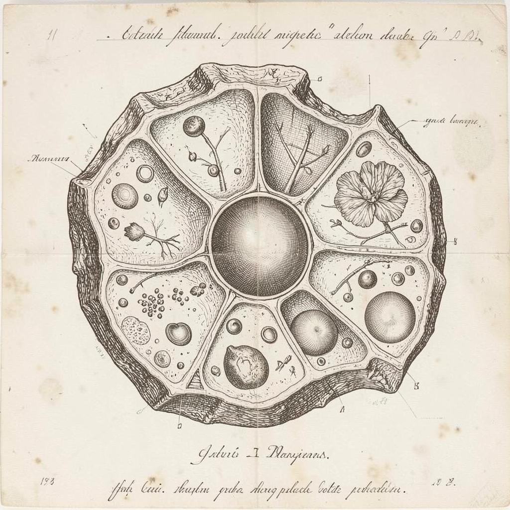 Engraved plate of a cell in cutaway: wall, membrane and nucleus